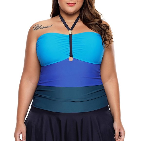 Blue Color Gradient Sweet Halter Swimdress - Picture 1 of 12